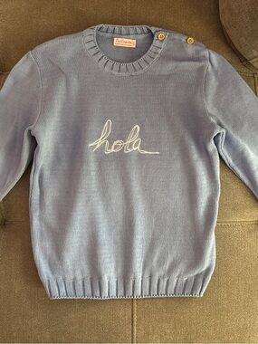 💙 La Coqueta Blue “Hola” Cotton Knit Sweater | Size 6 | Made in Spain